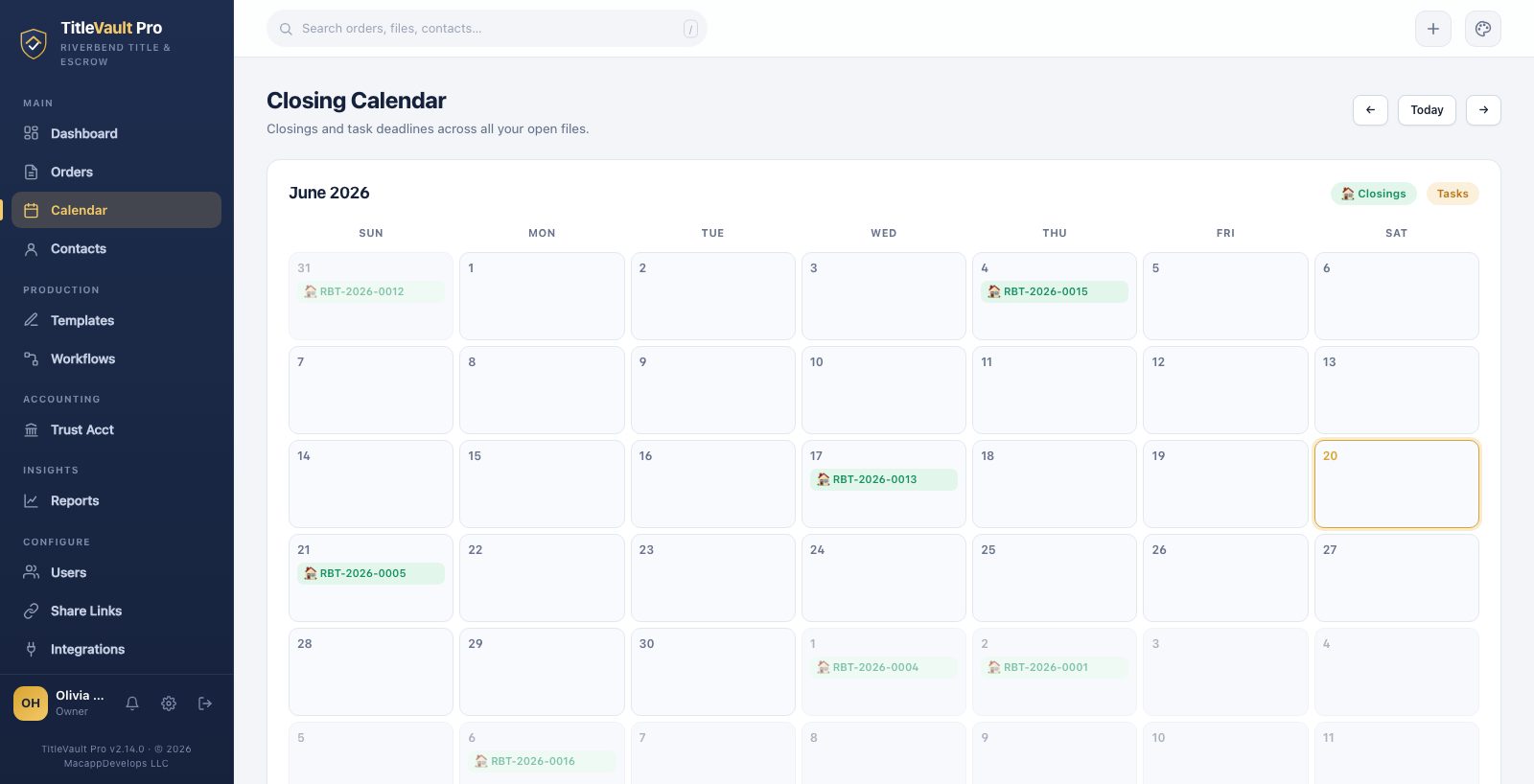 Closing calendar